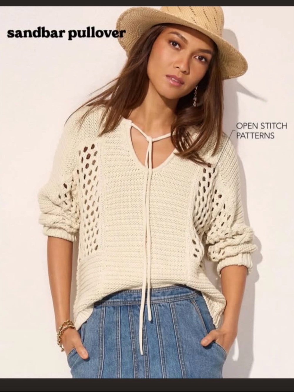 Cabi Sandbar Cream Crochet Tie-Neck Crochet Sweater